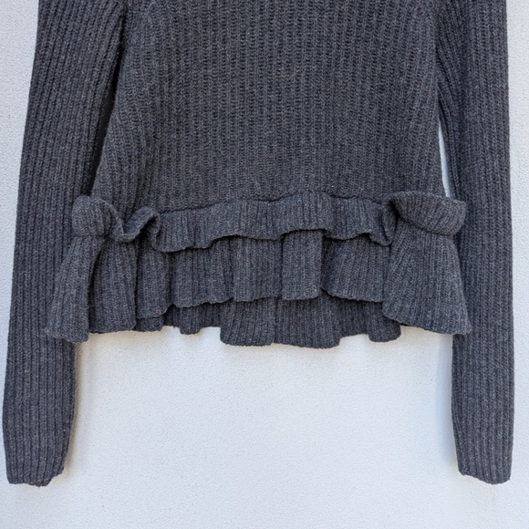 GANNI Recycled Wool-Blend Cutout Ruffle Ribbed Peplum Sweater – Open Back – S - Picture 7 of 13